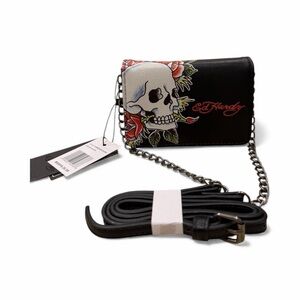 Ed Hardy Black and Red Skull Micro Crossbody Chain Bag